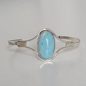 Vintage Sterling Silver Boho Larimar Gemstone Oval Cabochon Open Cuff Bracelet